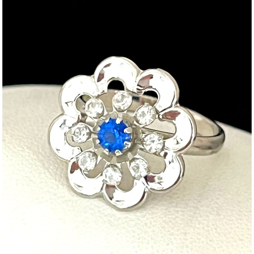 Vintage 1960s Floral Cocktail Ring Silver Tone Crystal Mid Century Modern - 4J